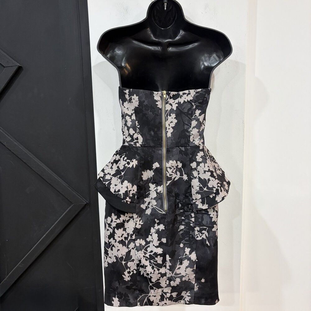 H&M Strapless Black Gray Floral Peplum Dress Size 4 Cocktail Lined - Picture 4 of 4